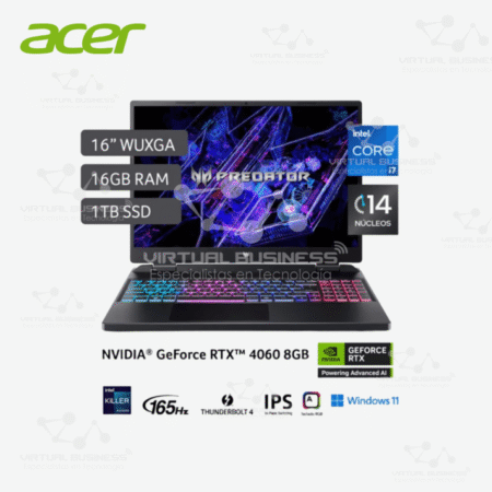 LAPTOP GAMER ACER PREDATOR HELIOS NEO 16 DE 16", INTEL CORE I7 13650HX, 14 NÚCLEOS, NVIDIA GEFORCE RTX 4060, 16GB RAM, DISCO SÓLIDO DE 1TB, MODELO PHN16-71-74FT
