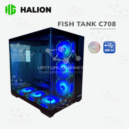 CASE GAMER HALION FISH TANK C708, 6 COOLER ARGB, V/TEMPLADO, NEGRO