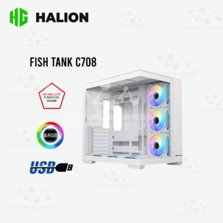 CASE GAMER HALION FISH TANK C708, 6 COOLER ARGB, V/TEMPLADO, BLANCO