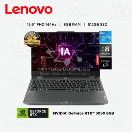LAPTOP GAMER LENOVO LOQ DE 15.6 PULGADAS, INTEL CORE I5-12450HX, NVIDIA GEFORCE RTX 3050 6GB, 8GB RAM, 512GB SSD