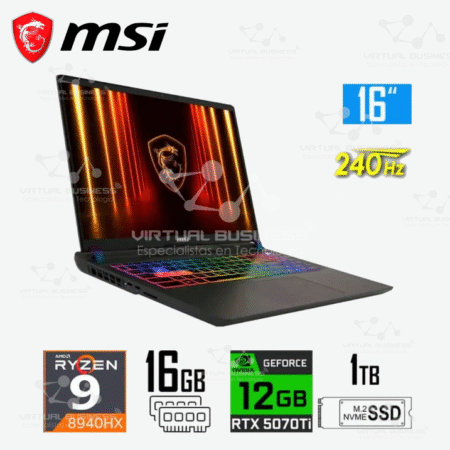 LAPTOP MSI VECTOR A16 HX, RYZEN 9-8940HX, 12GB RTX5070TI, 16GB RAM, 1TB SSD, 16 PULGADAS QHD 240HZ